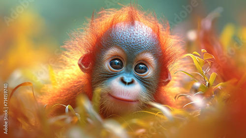 detailed illustration of a print of colorful baby orangutan