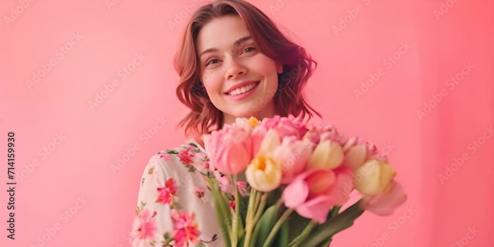 Young girl with a bouquet of tulips on a pink background. Concept of spring Young girl with a bouquet of tulips on a pink background. Concept of spring