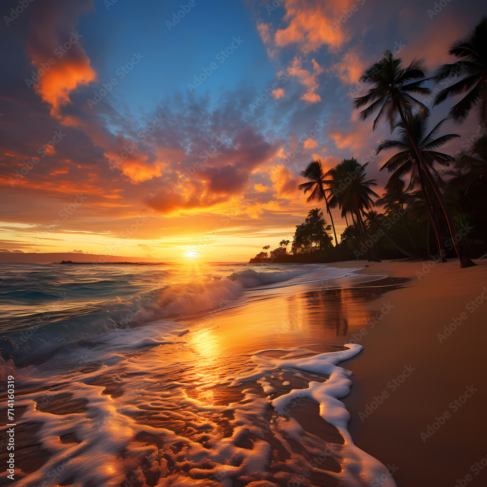 A vibrant sunset over a tropical beach. 