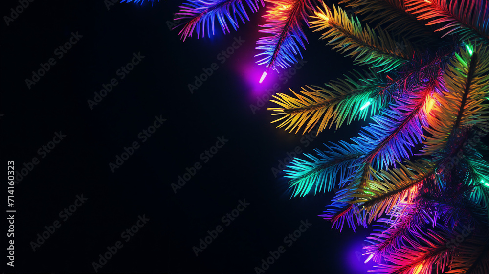 Vibrant Christmas Tree Branches and Neon Decorations - Festive Holiday Layout with Copy Space for Promotional Content and Greeting Cards - Top View Flat Lay Isolated Background