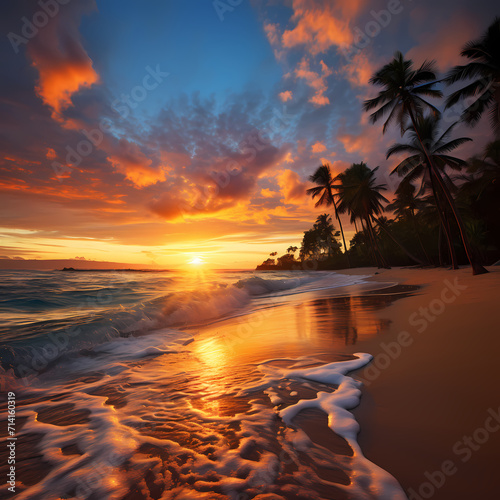 A vibrant sunset over a tropical beach. 