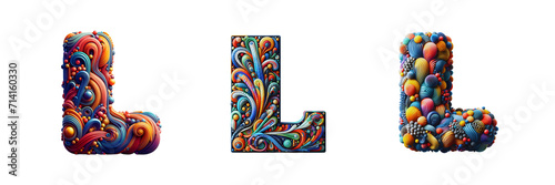 Set of a 3D colorful Letter L, isolated over on transparent white background