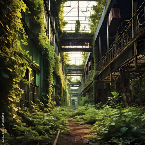 Abandoned industrial factory reclaimed by nature. 