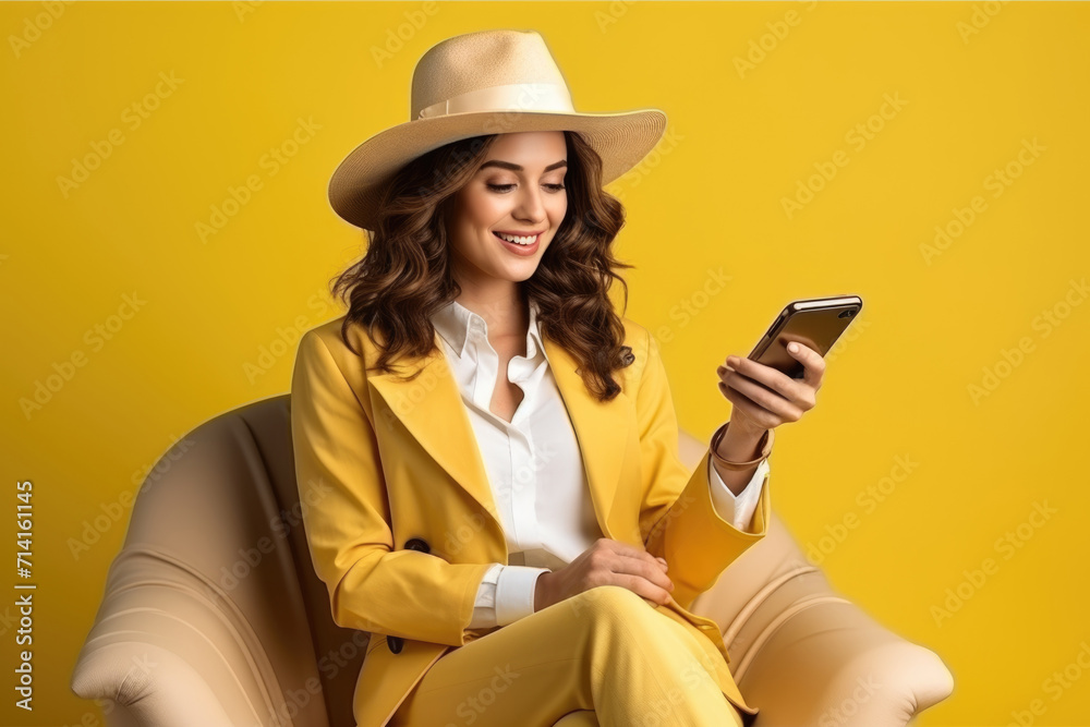 woman wear summer clothes sit in deckchair use show mobile cell phone isolated on plain yellow background. ai generated