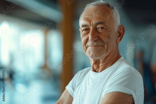 Elderly Man Focused on Gym Workout