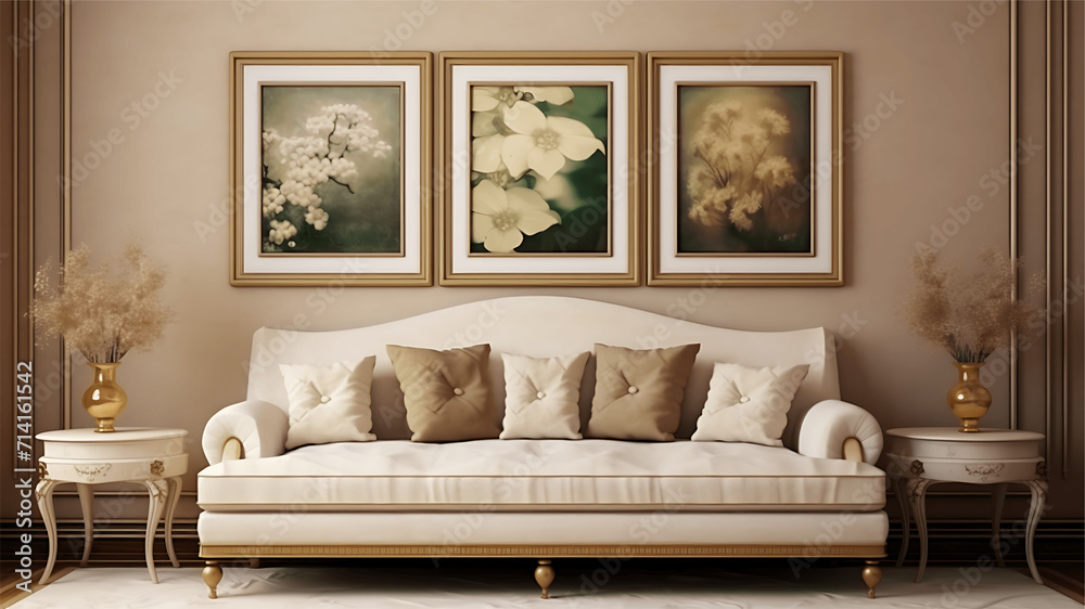 Fototapeta premium Comfortable sofa in classic interior with paintings on wall. 3d render