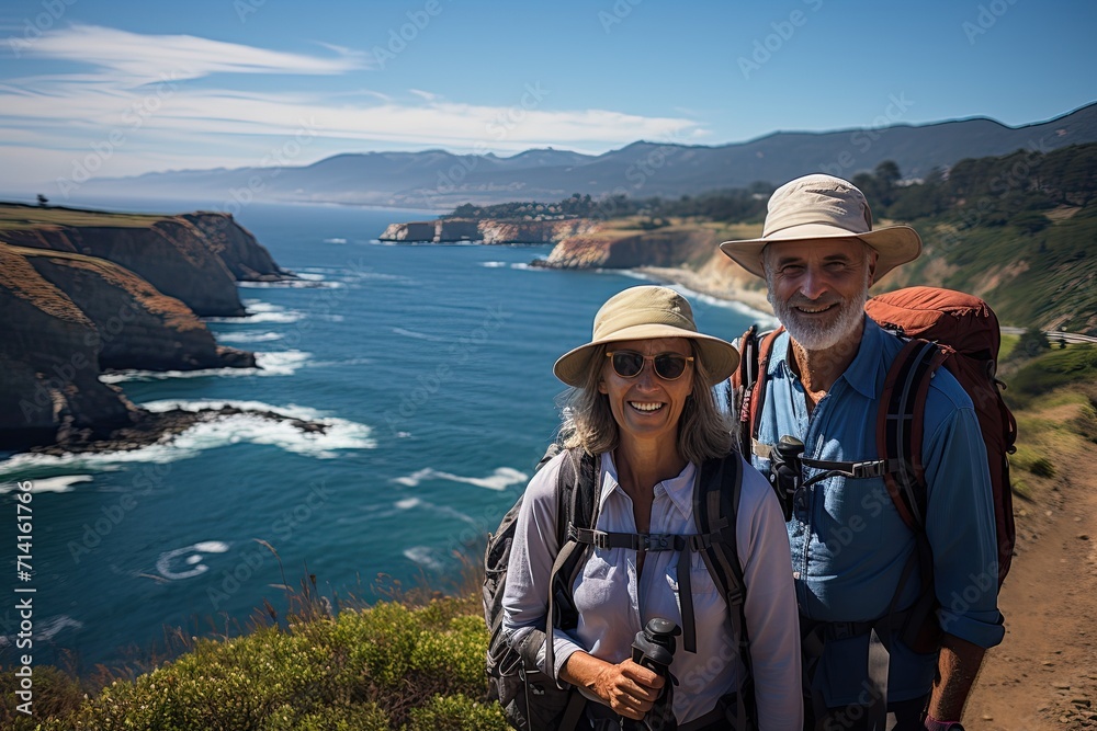 A senior couple admiring the scenic Pacific coast while hiking. Filled with wonder at the beauty of nature during their active retirement