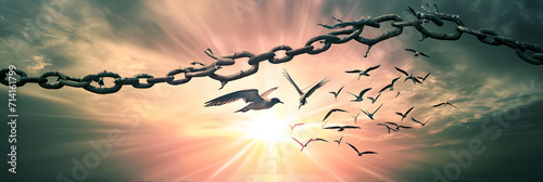 On The Wings Of Freedom - Birds Flying And Broken Chains - Charge Concept © john