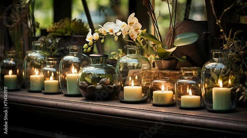 Glass candles adorned with botanical elements, placed on a mantle, bringing a touch of nature into a contemporary living space.