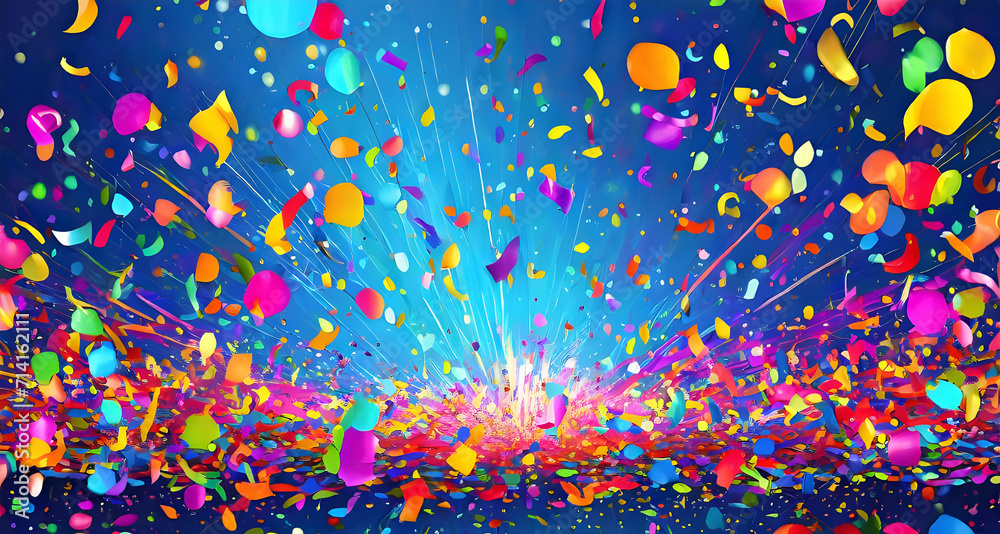 colorful party with flying neon confetti on a blue background - obrazy, fototapety, plakaty 