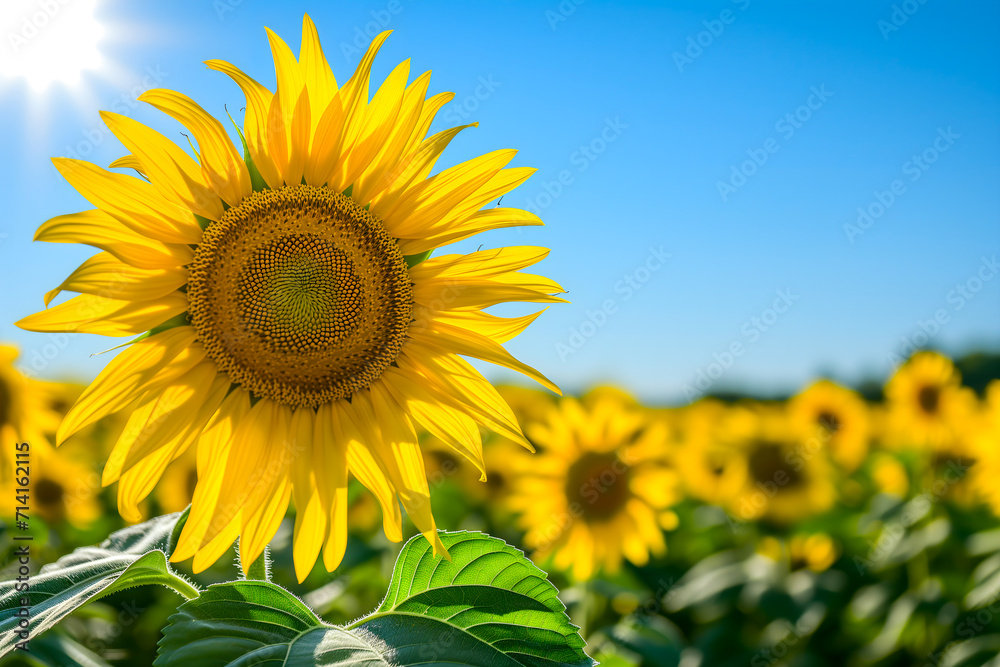 A single sunflower stands tall, radiant and bold, against a sea of golden peers under the clear blue sky, a true embodiment of summer