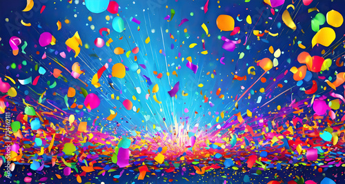 colorful party with flying neon confetti on a blue background