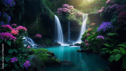 a waterfall in a forest filed with flowers