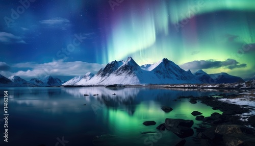 View of night sky with multicolored aurora borealis and snowy mountains peak background. Night glows in vibrant aurora reflection on the lake with forest. 