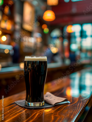 A pint of dark stout beer stands alone on the polished wood of a welcoming pub bar, with warm ambient lighting reflecting off its surface photo