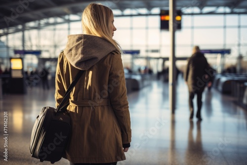 woman wearing warm clothes waiting for departure in the airport. ai generated