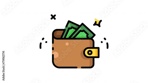 Animated wallet vibrating with cash and playful twinkling stars. Perfect for financial, money, investment, cryptocurrency, and banking concepts. (ID: 714162714)