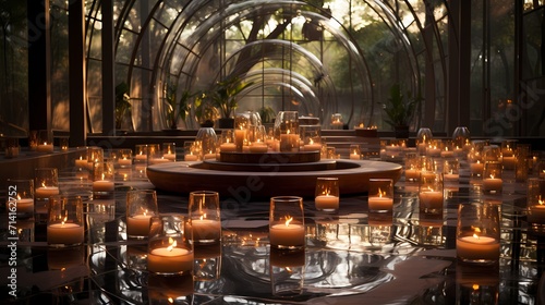 Glass candles arranged in a circular pattern, creating a harmonious and balanced focal point in the center of a room.