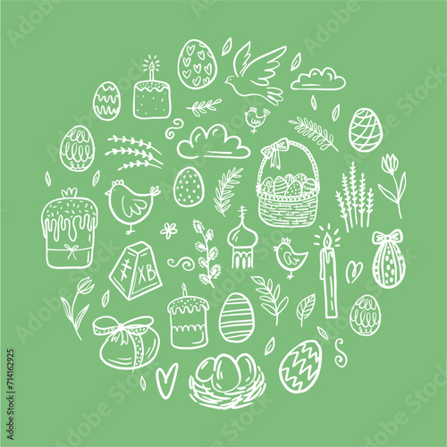 Round illustration of Easter design elements. Eggs  chicken  cakes  willow  candles hand-drawn in the style of a doodle.