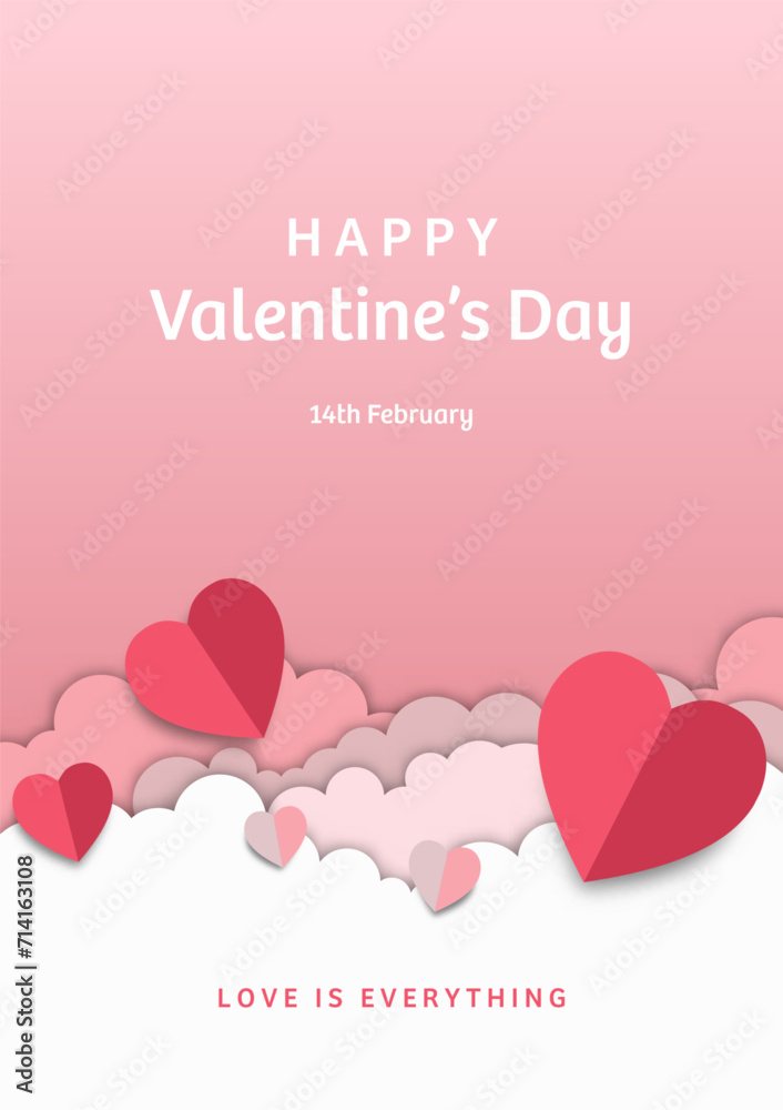 Vector illustration background, group of two tone color hearts with cloud shapes in different pink color tones, theme of love or valentine