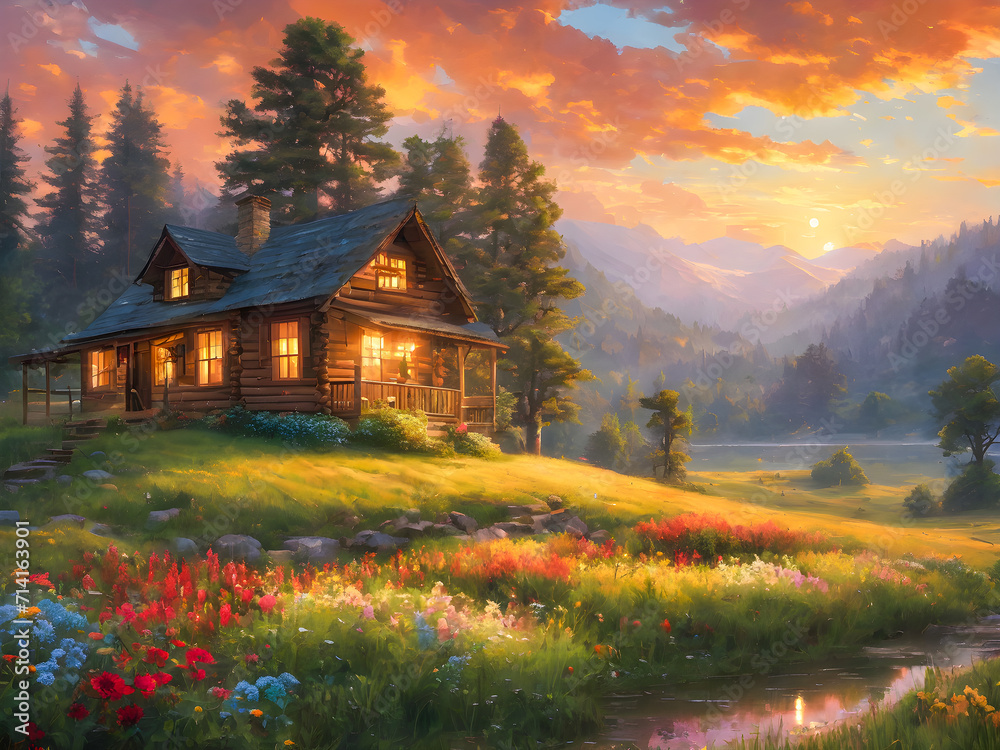Beautiful summer landscape with a wooden log house in the mountains at sunset