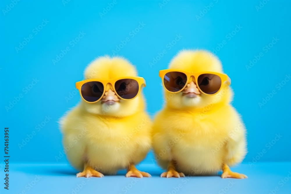 Two fluffy chicks in sunglasses on blue background.