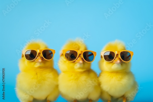 Three fluffy chicks in sunglasses on blue background.