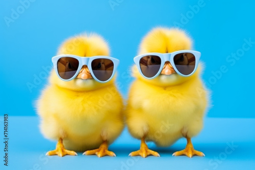 Two fluffy chicks in sunglasses on blue background.