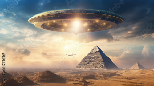 Illuminated round spacecraft on pyramid, dark blue sky background. Generative ai