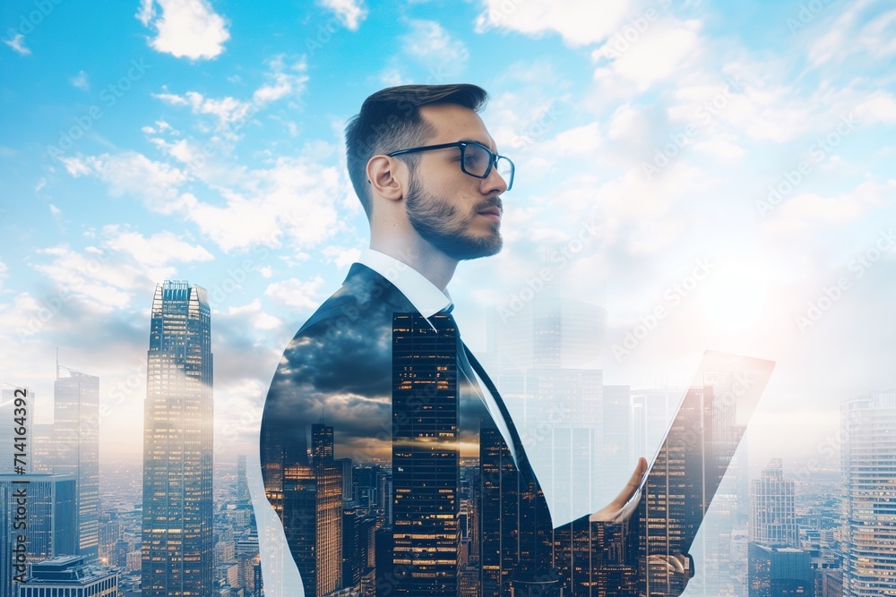 Fototapeta premium Double Exposure of Businessman and Cityscape