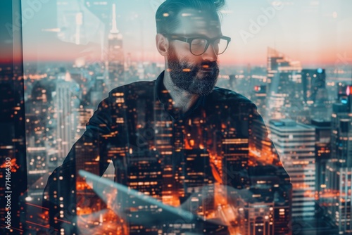 Double Exposure of Businessman and Cityscape