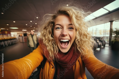 portrait of excited woman making selfie waiting for departure in the airport. ai generated photo