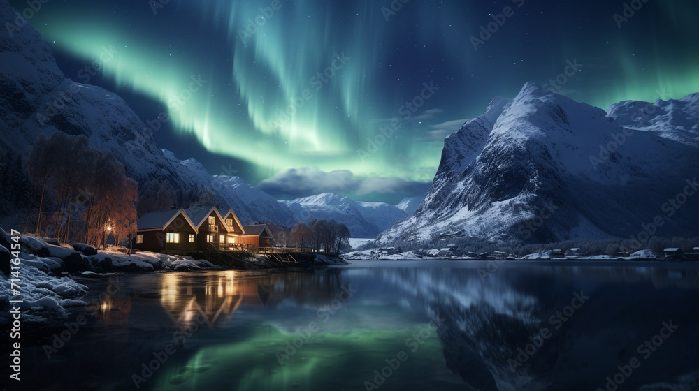 Norway Northpole Northern Aurora Light at Night with wooden houses cabins