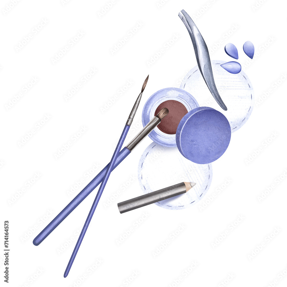 Beauty tools for eyebrow shaping. Hair thinning with tweezers, eyebrow tinting. Facial hair removal. Watercolor illustration. Beauty and fashion concept Beauty tools for eyebrow shaping. Hair thinning with tweezers, eyebrow tinting. Facial hair removal. Watercolor illustration. Beauty and fashion concept