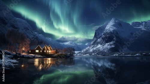 Norway Northpole Northern Aurora Light at Night with wooden houses cabins © tinyt.studio