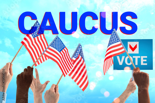 Election Day, caucus background, hands holding flag USA photo