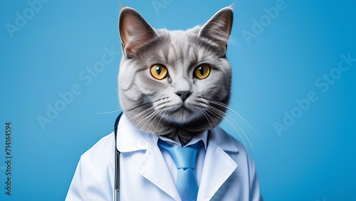 Grey cat like a vet on the blue background  © VVstudio