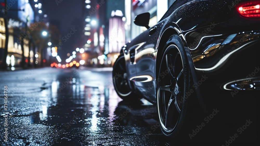 Luxury Car on Rain-Soaked City Streets at Night. Generative ai