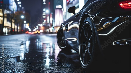Luxury Car on Rain-Soaked City Streets at Night. Generative ai © Scrudje