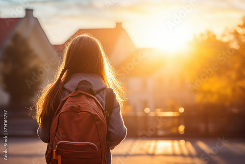 Illustration of female student facing back with orange bag, back to school. Generative ai photo