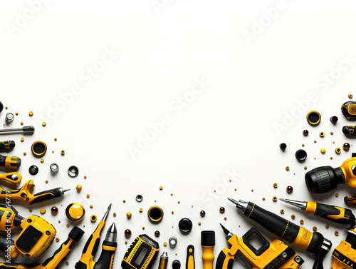Border frame of black-yellow color tools set as background with blank copy space