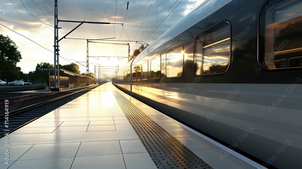 Modern High-Speed Train at the Station at Sunset. Generative ai Modern High-Speed Train at the Station at Sunset. Generative ai