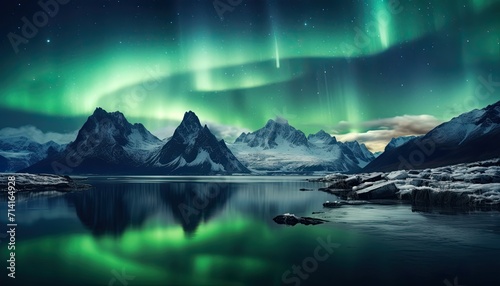 View of night sky with multicolored aurora borealis and snowy mountains peak background. Night glows in vibrant aurora reflection on the lake with forest.  © Virgo Studio Maple