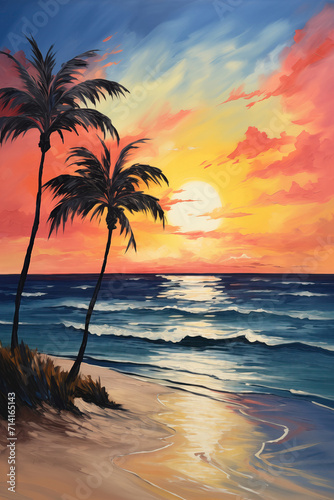 Beautiful sunset tropical beach with palm trees.