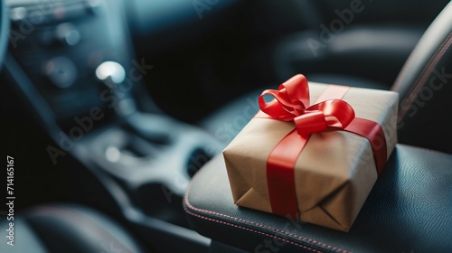 Gift Box on a Car Seat, Concept of Surprise and Generosity. Generative ai