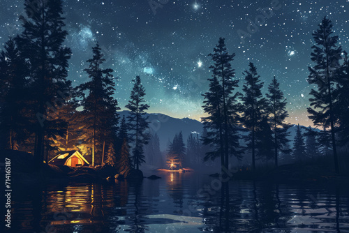Night camping in the forest on the lake shore under the starry sky. AI generative © tiena
