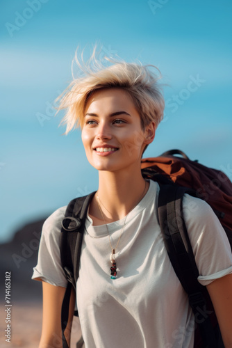 Happy Young Adventurer with Backpack and Short Blonde Hair