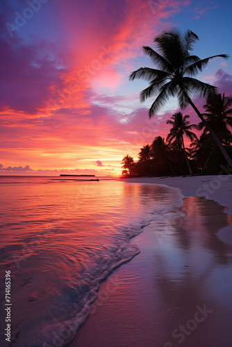 Beautiful sunset tropical beach with palm trees.