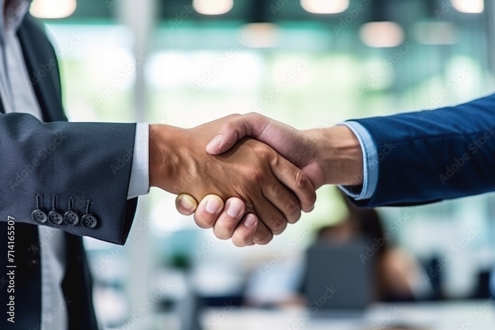 Businessman shaking hands a meeting with partners, with happiness outside, setting goals and planning the way to success. Collaborative teamwork.