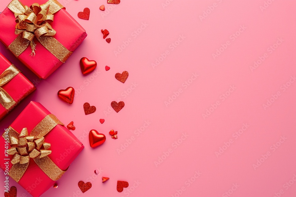 Gifts of Love: Top View Illustration with Red Presents, Golden Bows, and Ribbons on a Pink Valentine's Background
